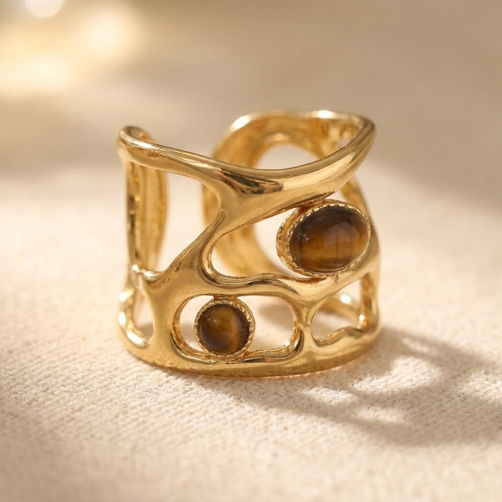 Vergulde geometrische cuff ring met tijgeroog steen