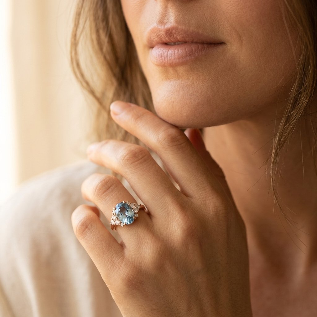 Rosé goudkleurige ovale ring met London blue topaas
