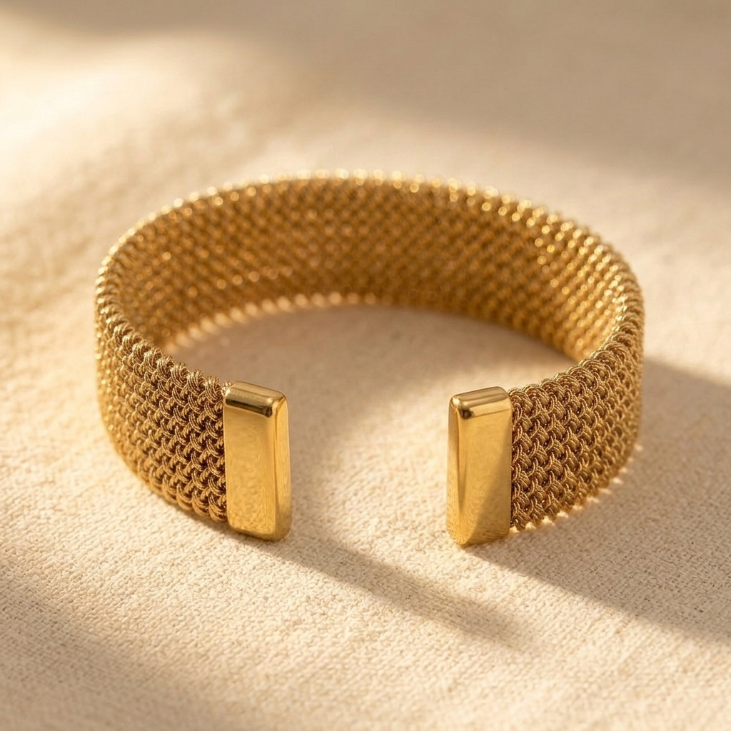 Goudkleurige geweven mesh cuff armband van roestvrij staal