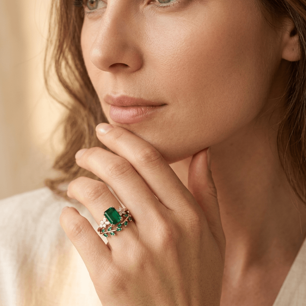 Elegante verlovingsring met groene transparante geslepen steen