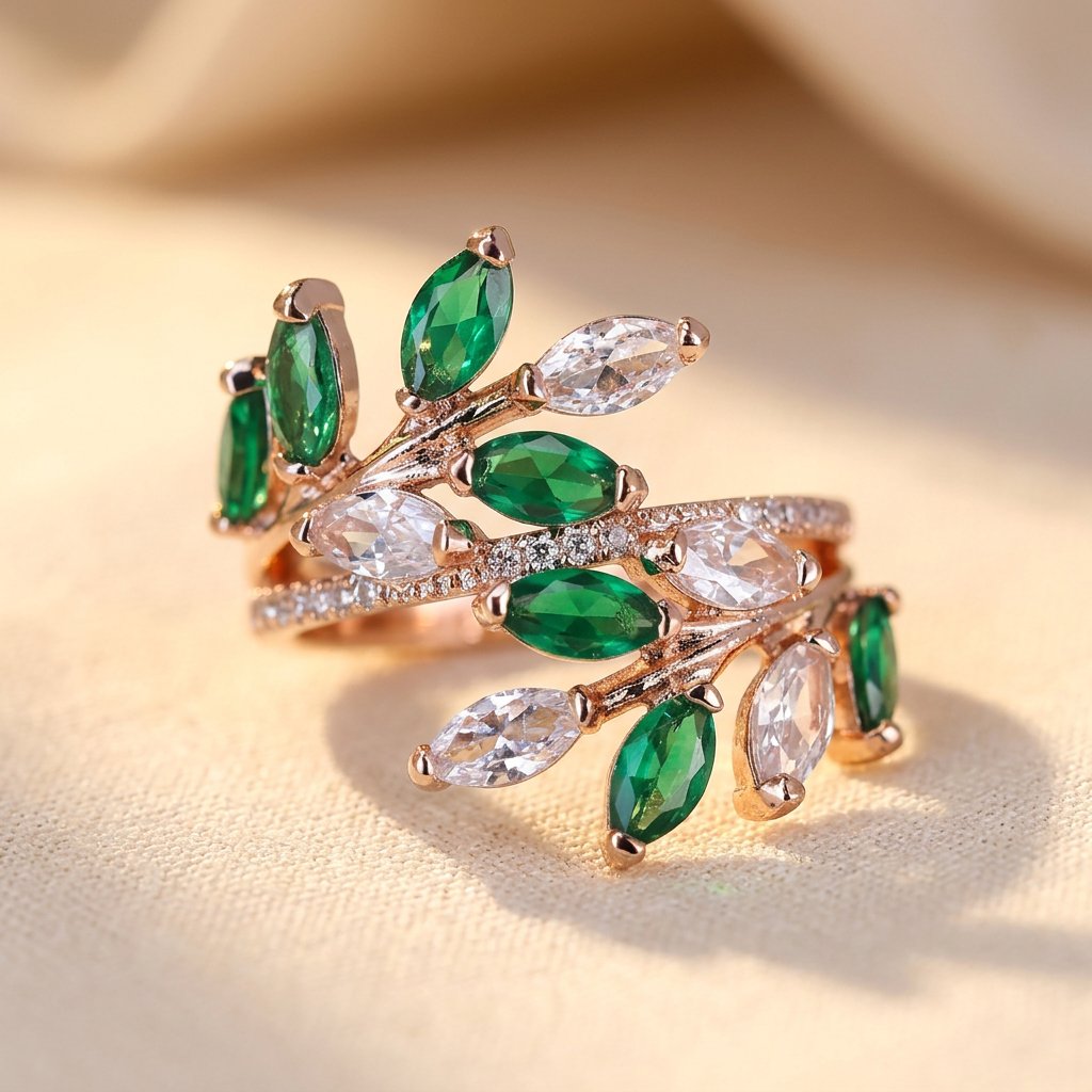 Goudkleurige bladtak ring met groen kristal