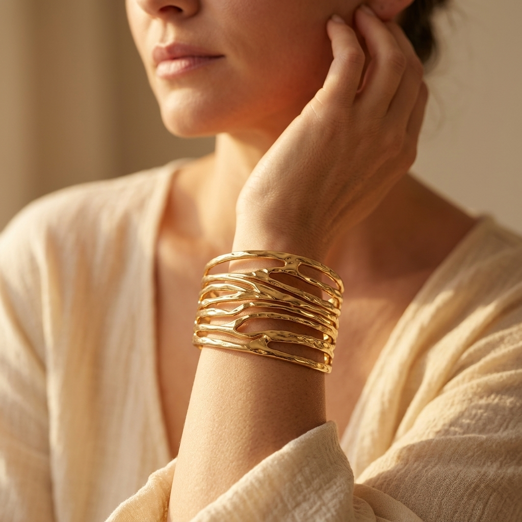 Goudkleurige cuff armband met structuur en opengewerkte golf