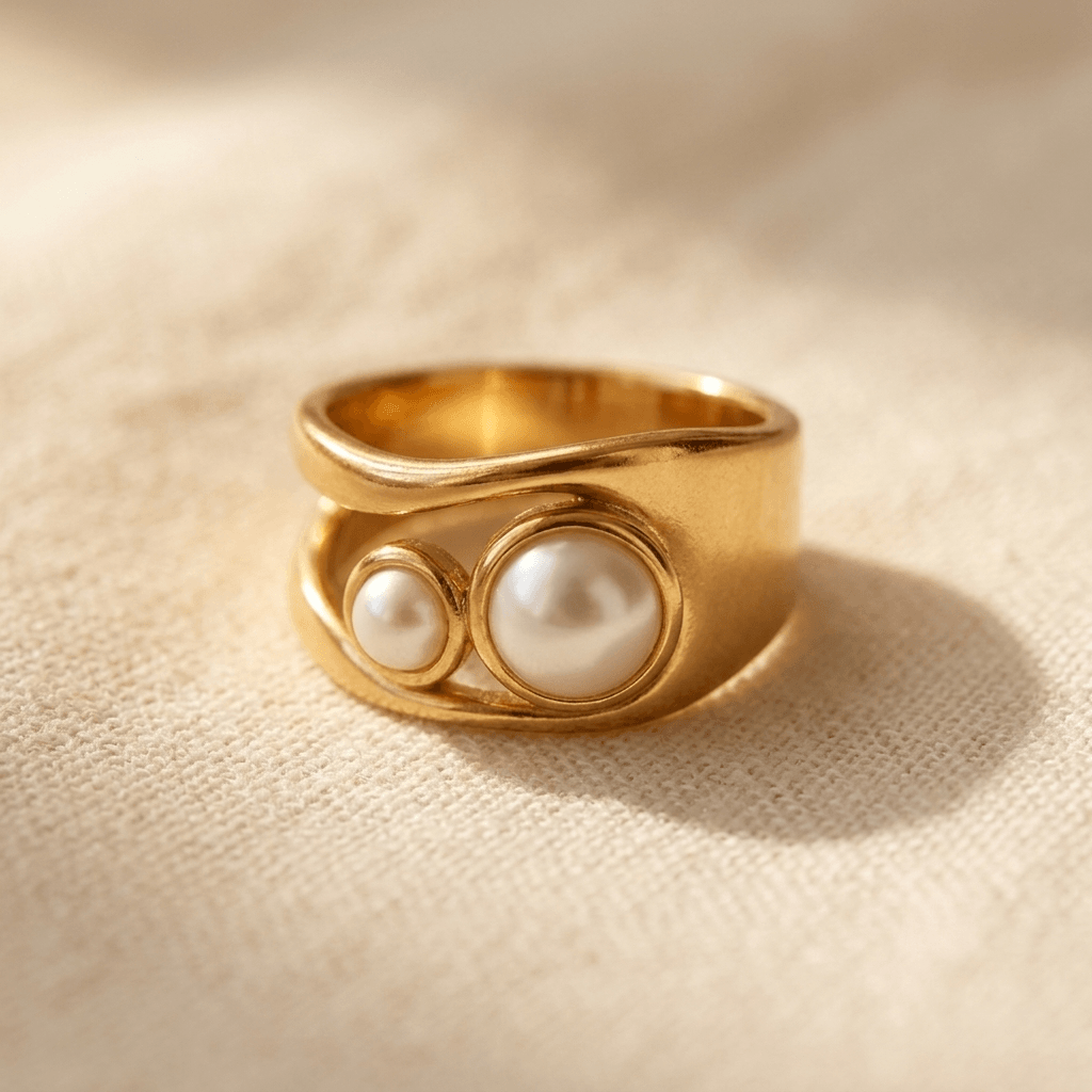 Elegante goudkleurige ovale parelring