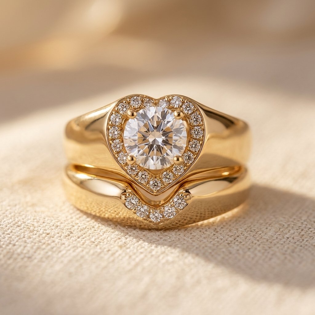 Goudkleurige hartvormige halo ringenset met diamant