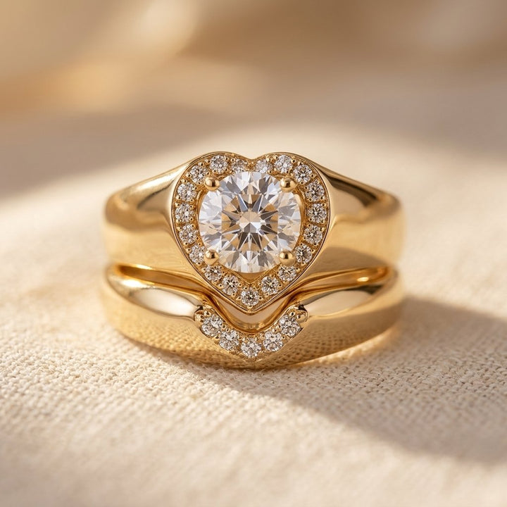 Gold Heart Shaped Diamond Halo Ring Set