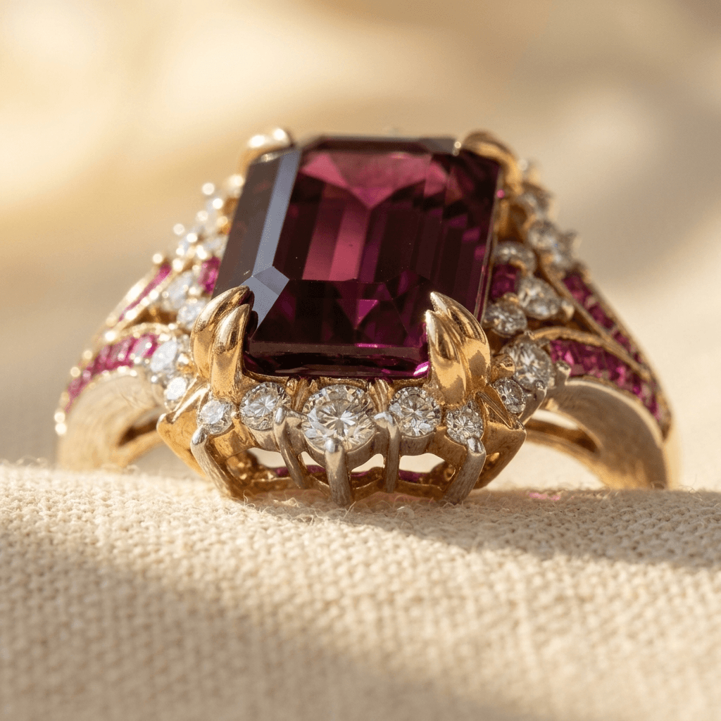 Elegante bloemenring met rode synthetische zirkonia