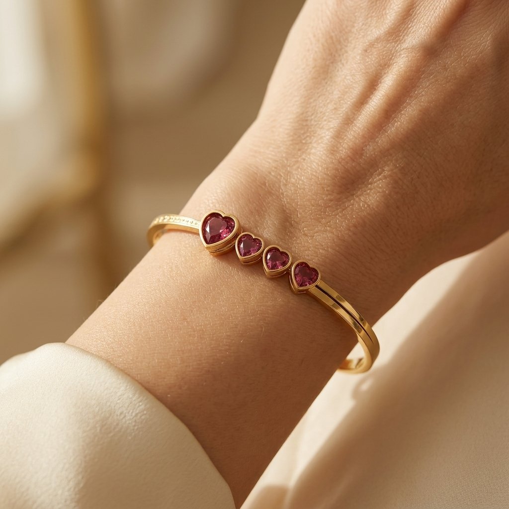 Goudkleurige filigrein slavenarmband met robijnen hart