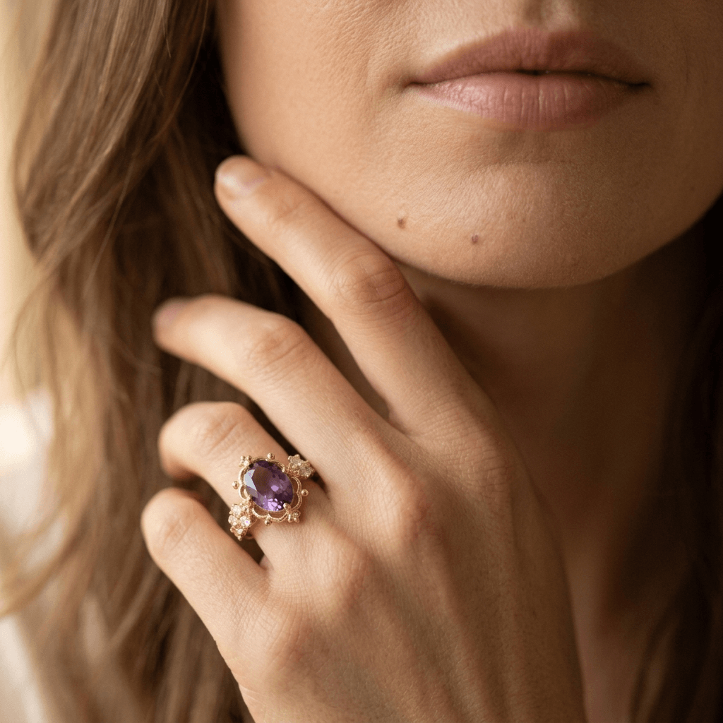 Elegante verlovingsring ingelegd met paarse zirkonia