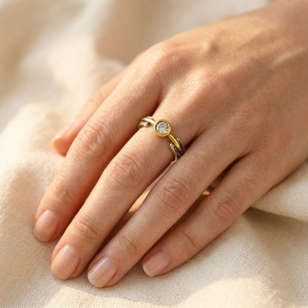 Retro tweekleurige gehamerde zirkonia ring