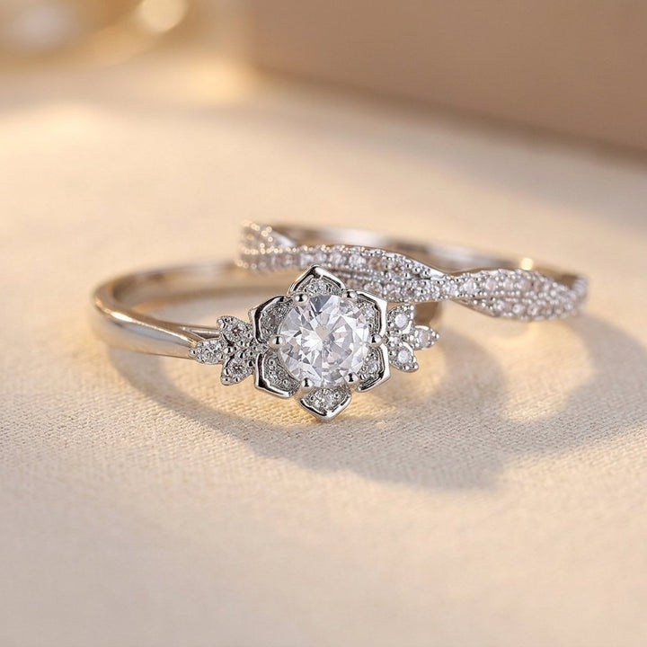 Vintage Silver Filigree Round Cubic Zirconia Ring Set