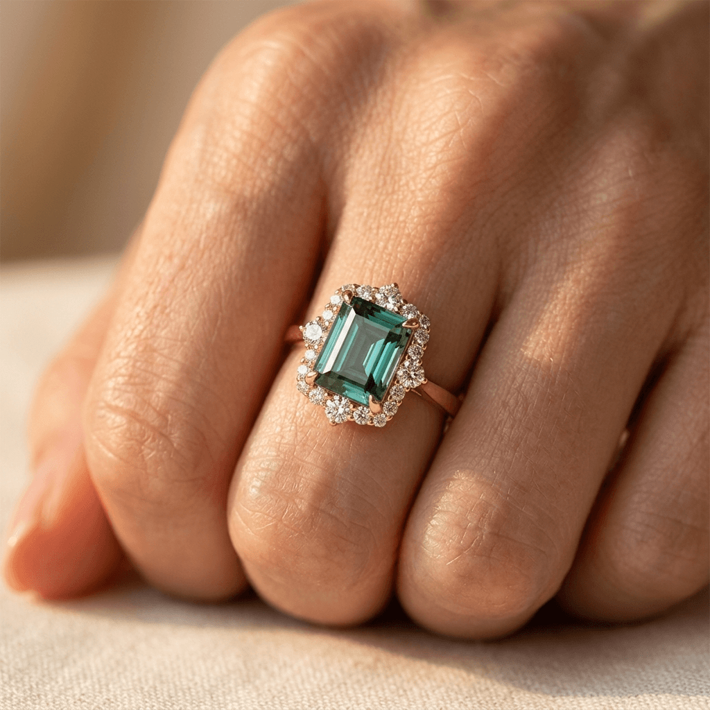Elegante bloemenring met groene zirkonia