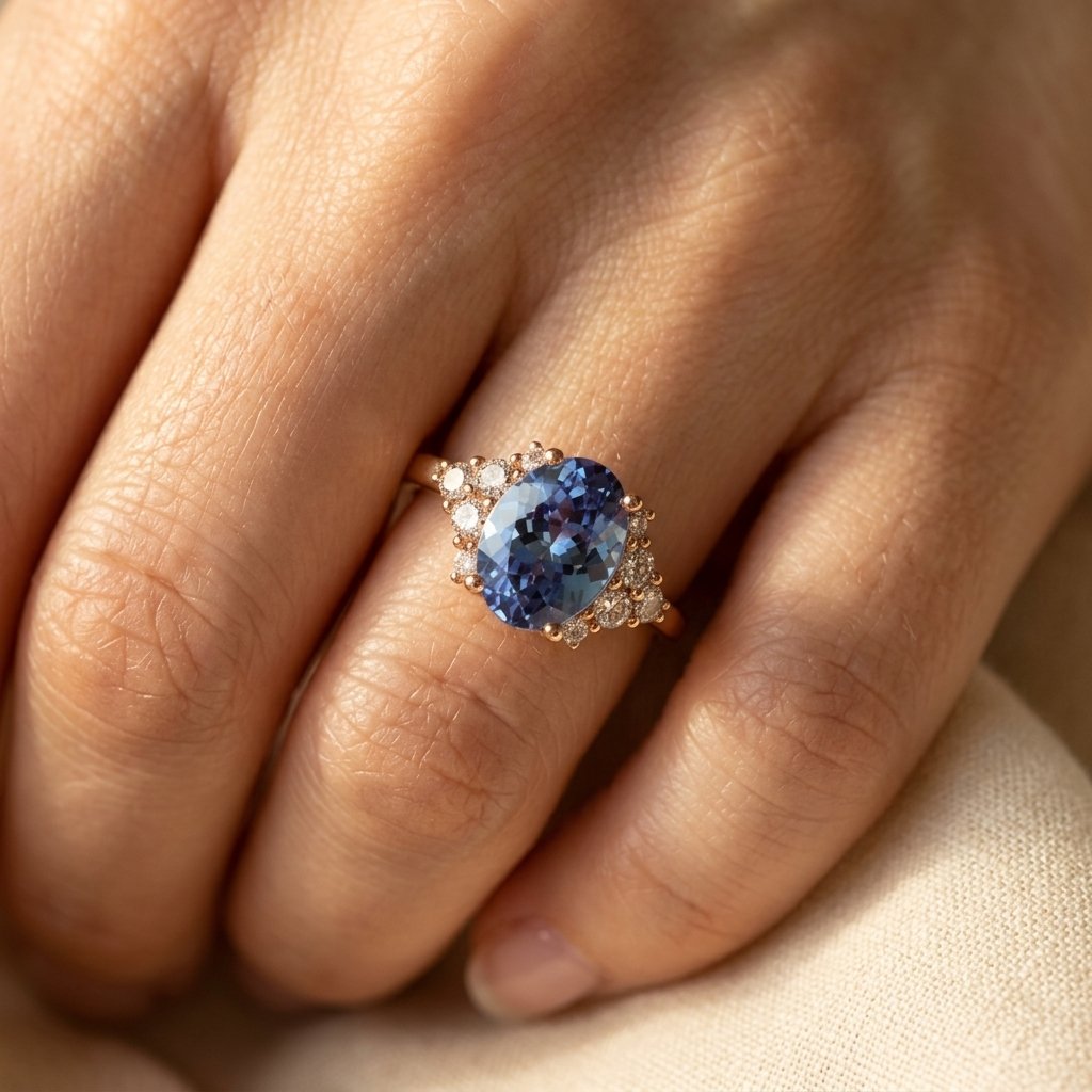 Rosé goudkleurige ovale ring met London blue topaas