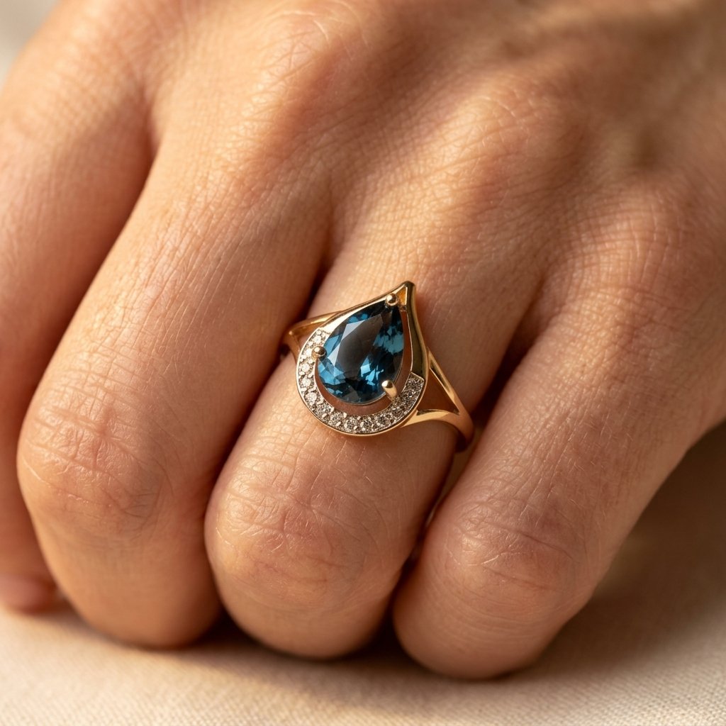 Goudkleurige druppelring met London blue topaas