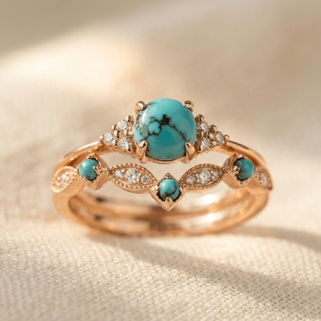 Vintage bohemien turkooizen koperkleurige ring