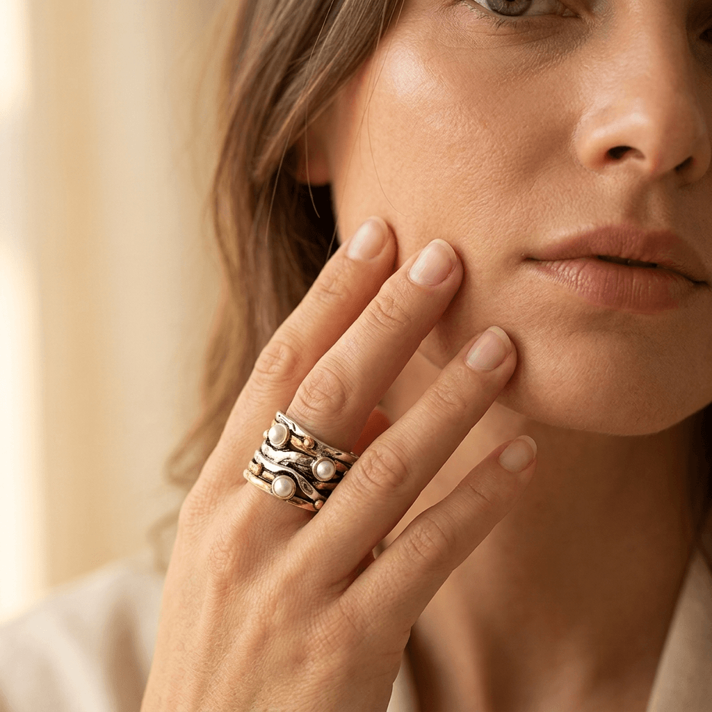 Vintage tweekleurige statement ring met parel