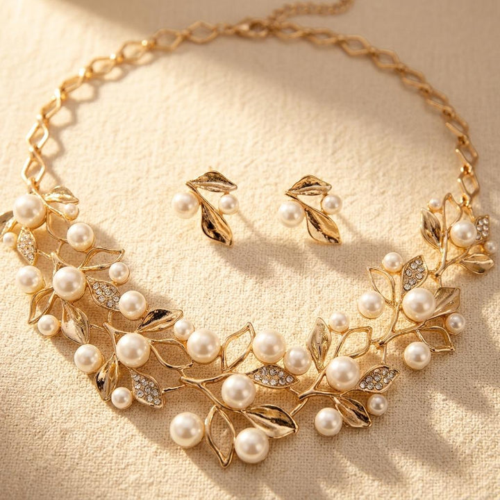 Floral Faux Pearl Gold Jewelry Set