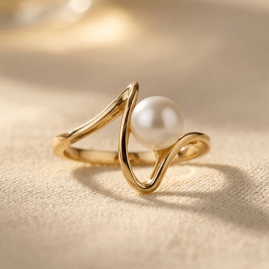 Goudkleurige asymmetrische open ring met parel