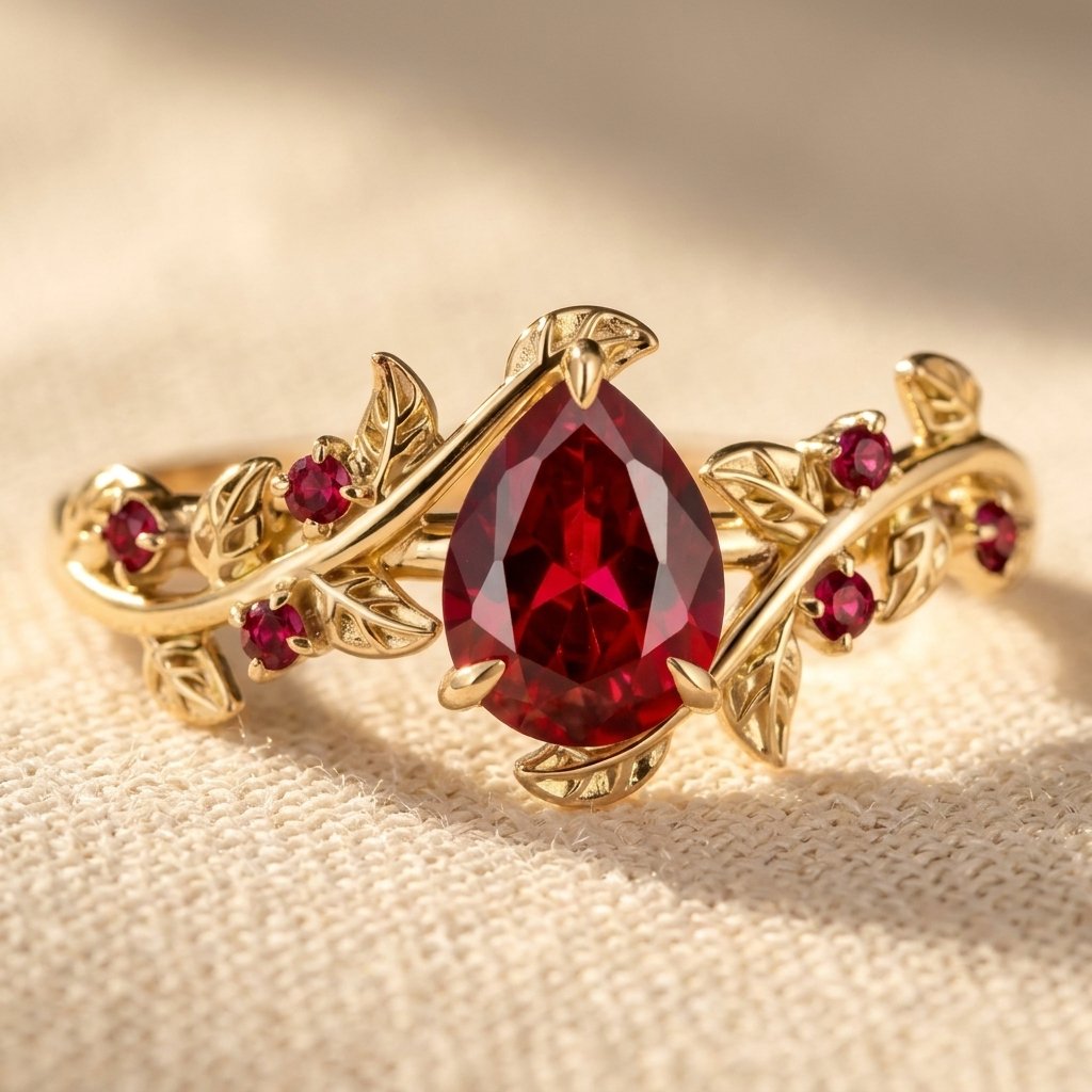 Goudkleurige filigrein ring met peervormige robijn