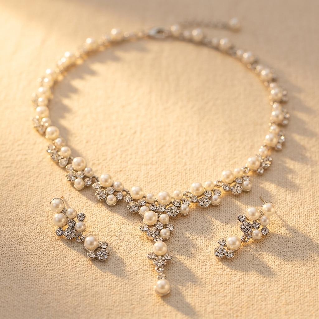 Elegante goudkleurige parel sieradenset met ketting en oorbellen
