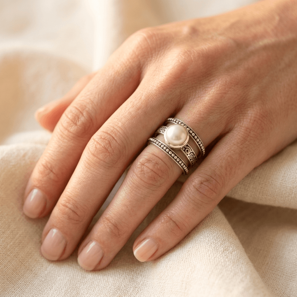 Bohemien zilverkleurige parel kralen ring