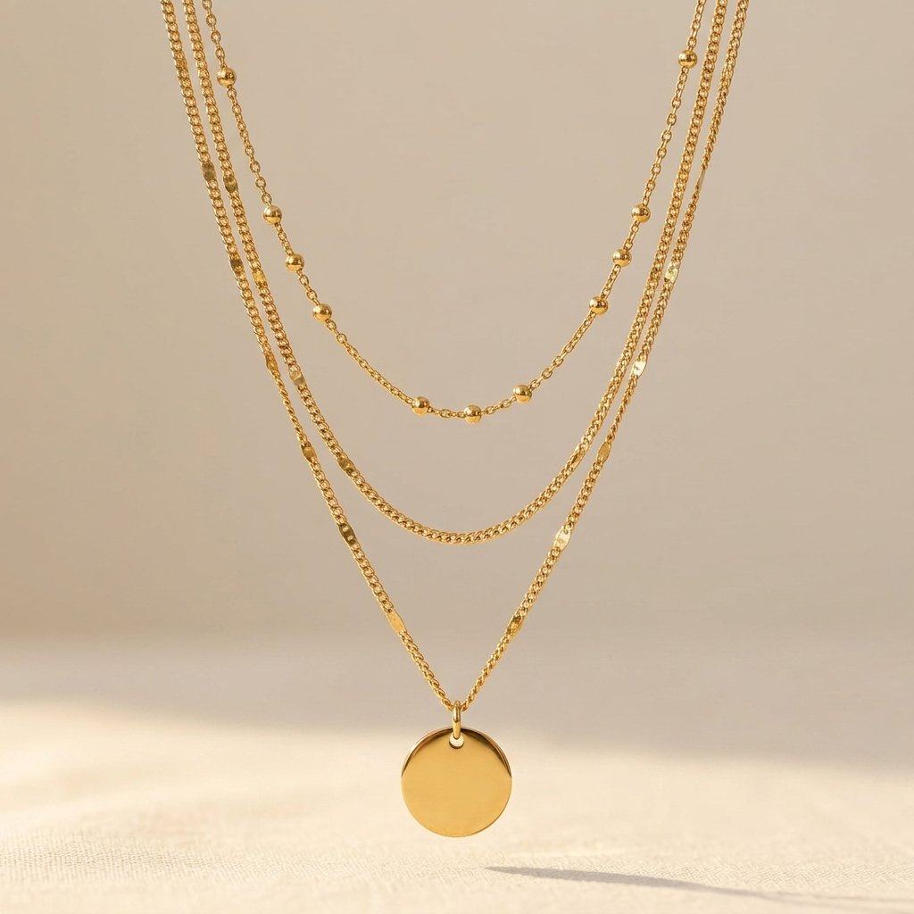 Goudkleurige gelaagde schakelketting met ronde hanger
