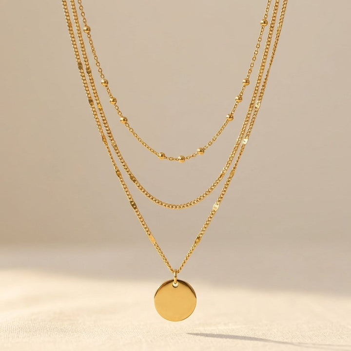 Gold Round Pendant Layered Chain Necklace