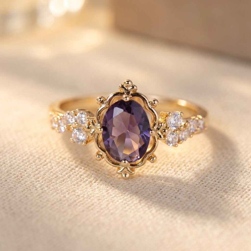 Elegante verlovingsring ingelegd met paarse zirkonia