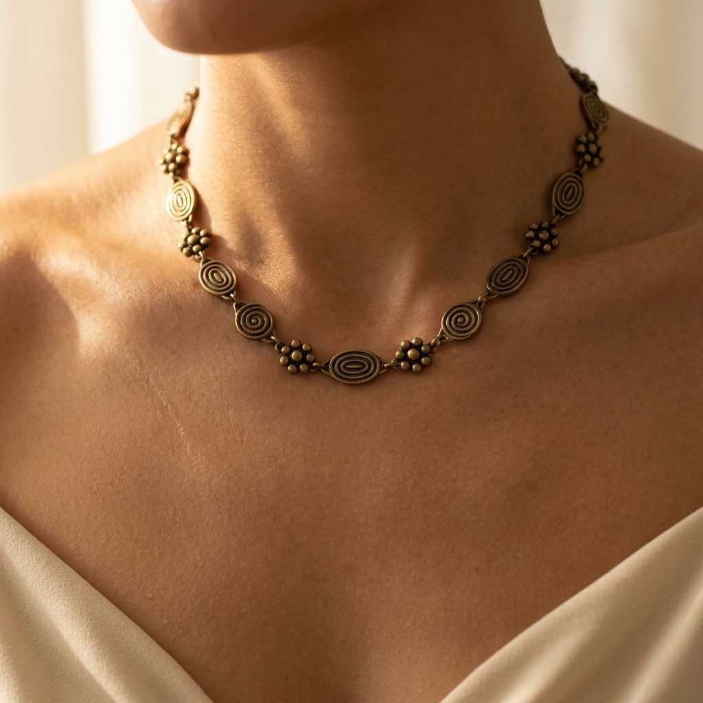 Bohemian Floral Swirl Spiral Pattern Short Choker Necklace