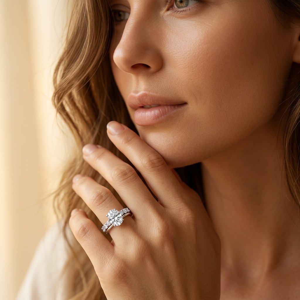 Zilverkleurige ovale moissaniet ring met zijstenen