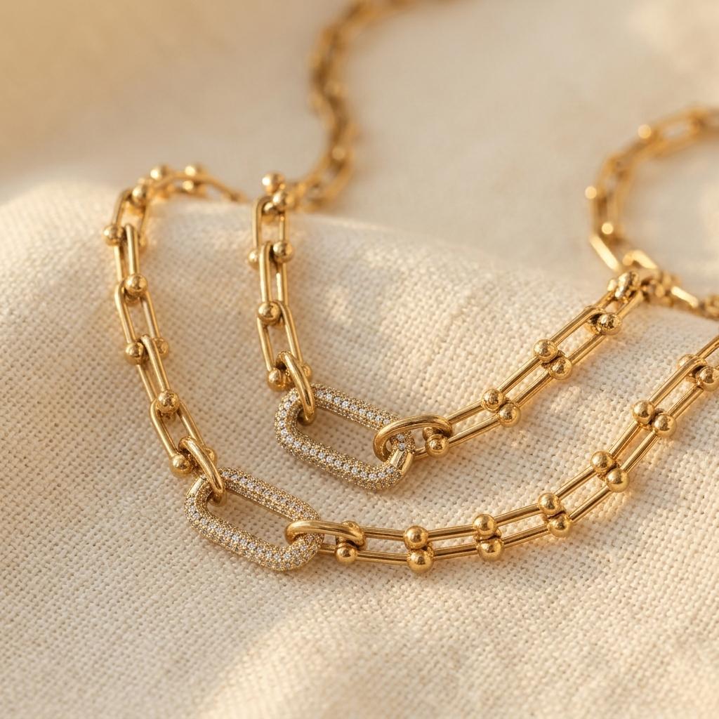 Vergulde chunky schakelketting met zirkonia