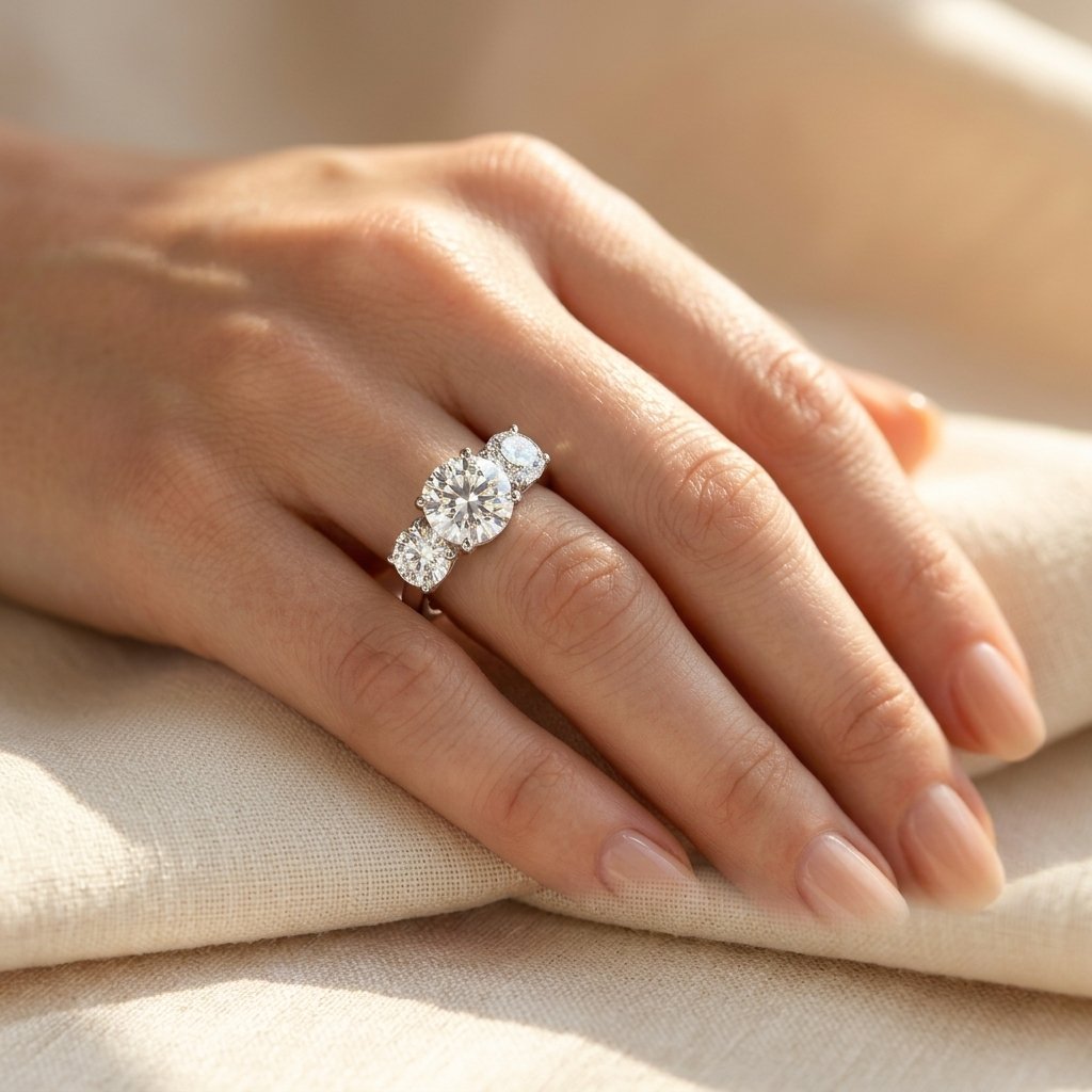 Zilverkleurige ronde zirkonia ring met drie stenen
