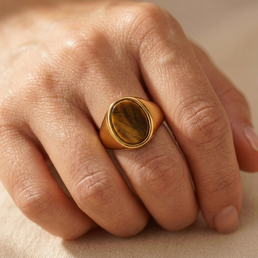 Gold Oval Tiger's Eye Stone Signet Ring