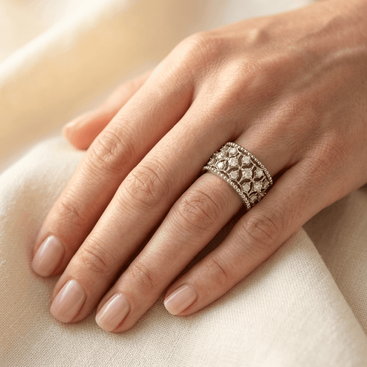Elegant Floral Cubic Zirconia Wide Band Ring