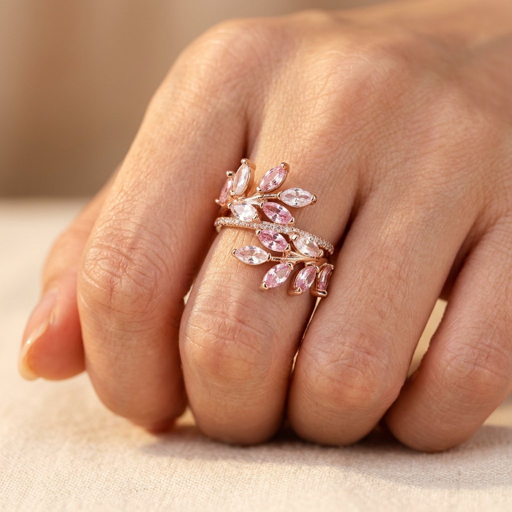 Rose Gold Pink Tourmaline Leaf Ring
