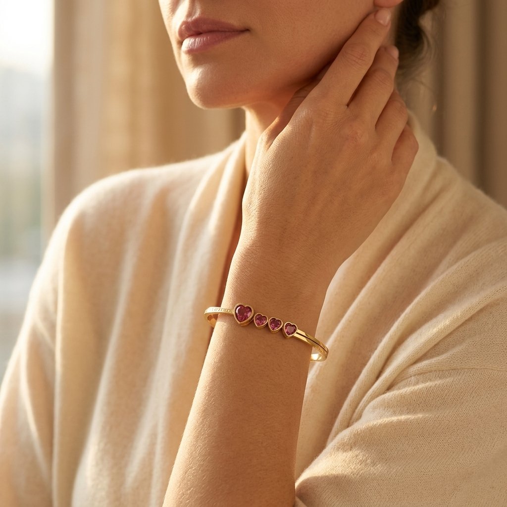 Goudkleurige filigrein slavenarmband met robijnen hart