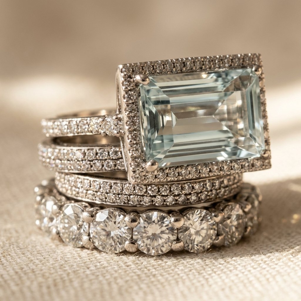 Vintage zilverkleurige ringenset met emerald geslepen aquamarijn