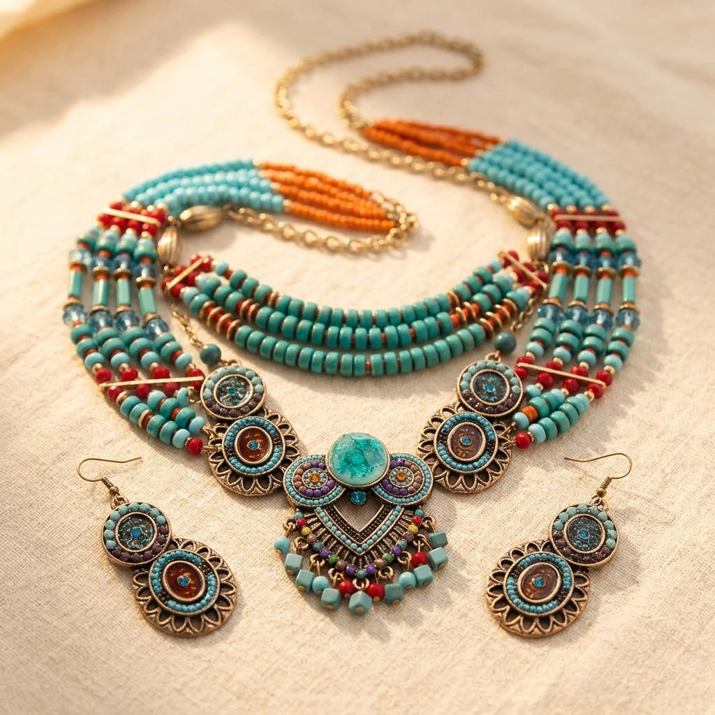 Vintage Bohemian Beaded Jewelry Set Heart Pendant