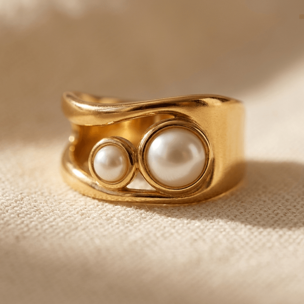 Elegante goudkleurige ovale parelring