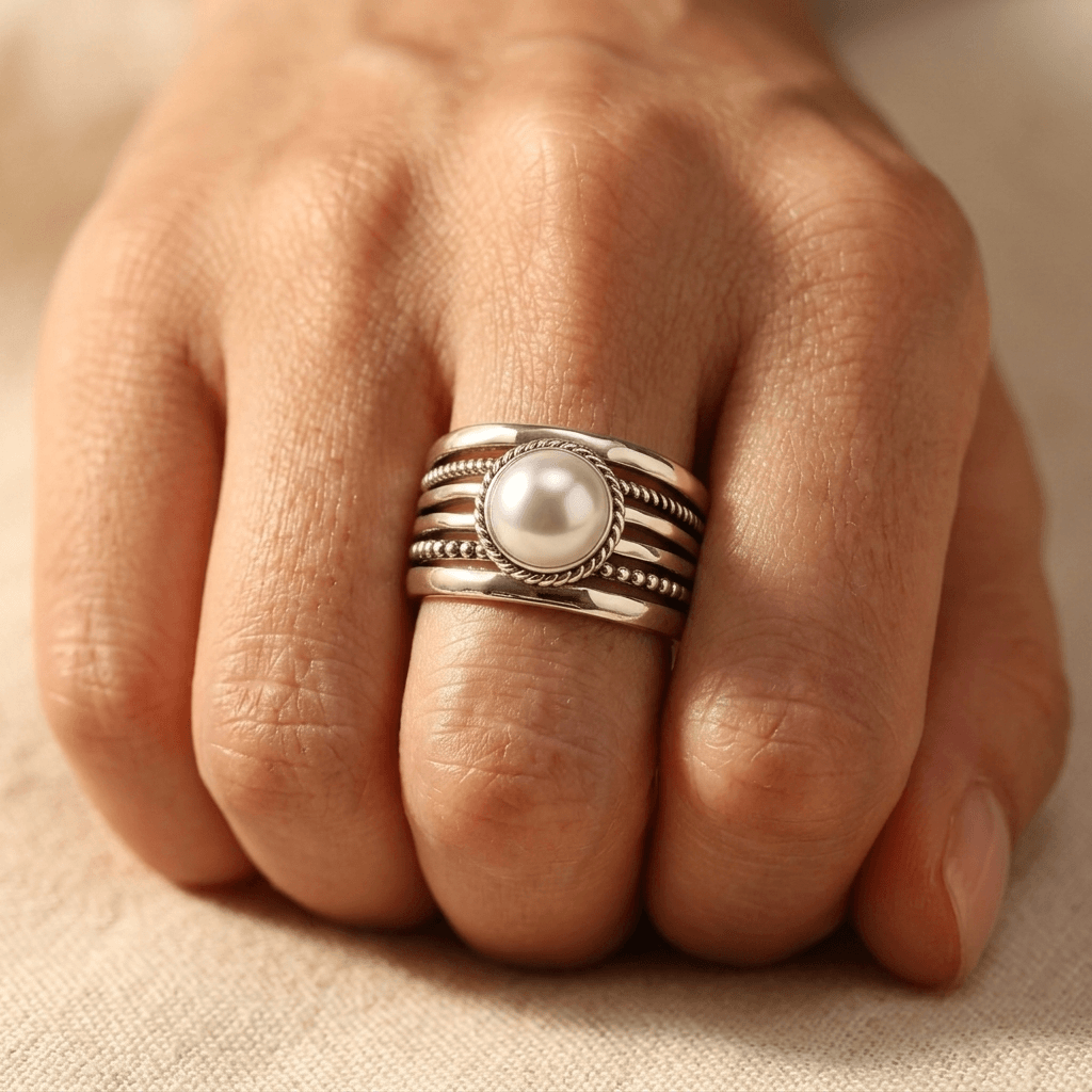 Bohemien zilverkleurige parel gedraaide statement ring