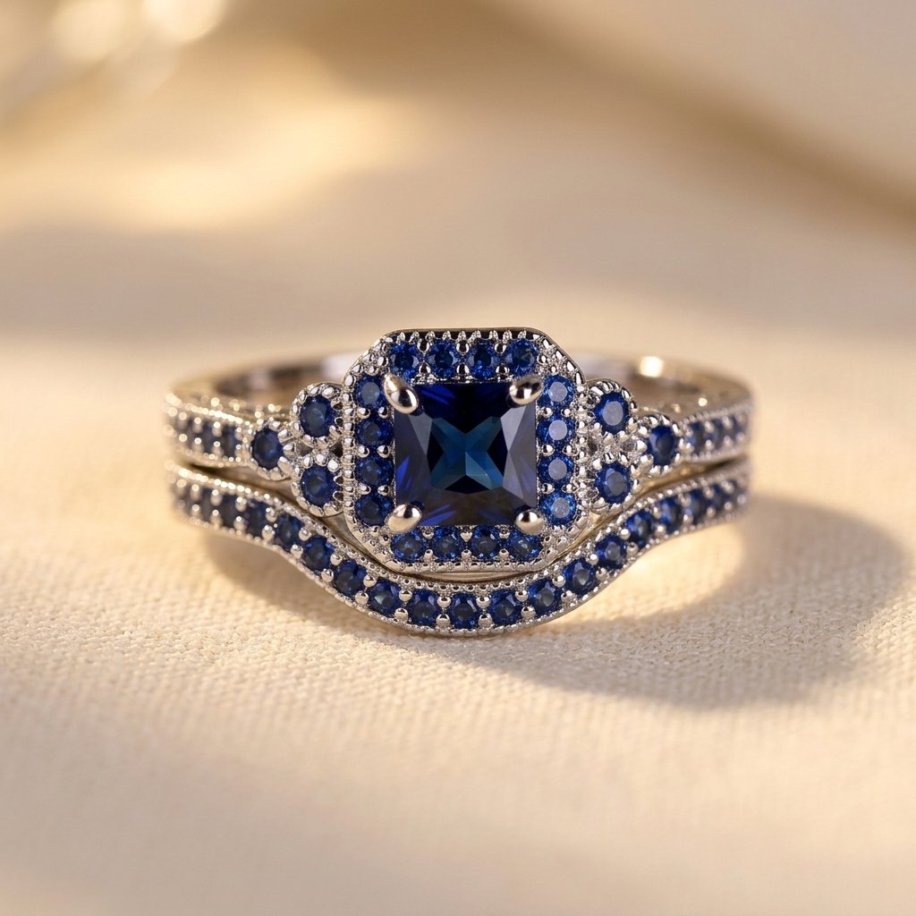Vintage zilverkleurige halo ring met blauwe cushion steen