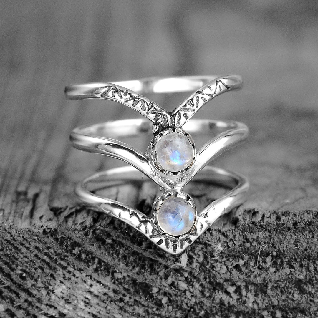 Bohemian Triple Chevron Rainbow Moonstone Silver Ring