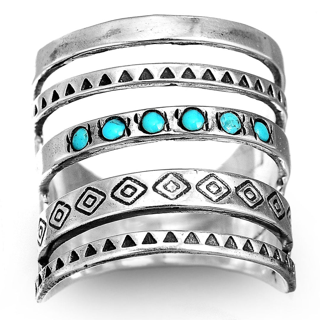 Bohemian Aztec Style Turquoise Wide Band Silver Ring